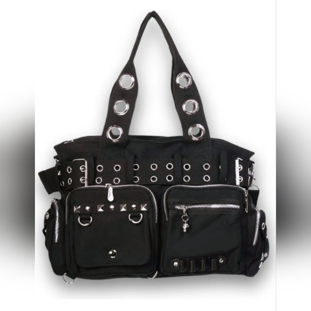 Belt Gromet Studded Shoulder Bag Cotton Canvas